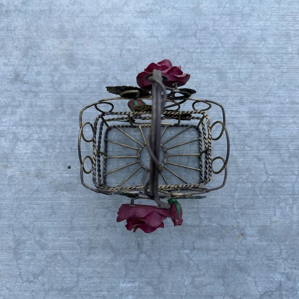 Vintage Metal Wire Basket with Red Roses Floral Accent Trinket Holder